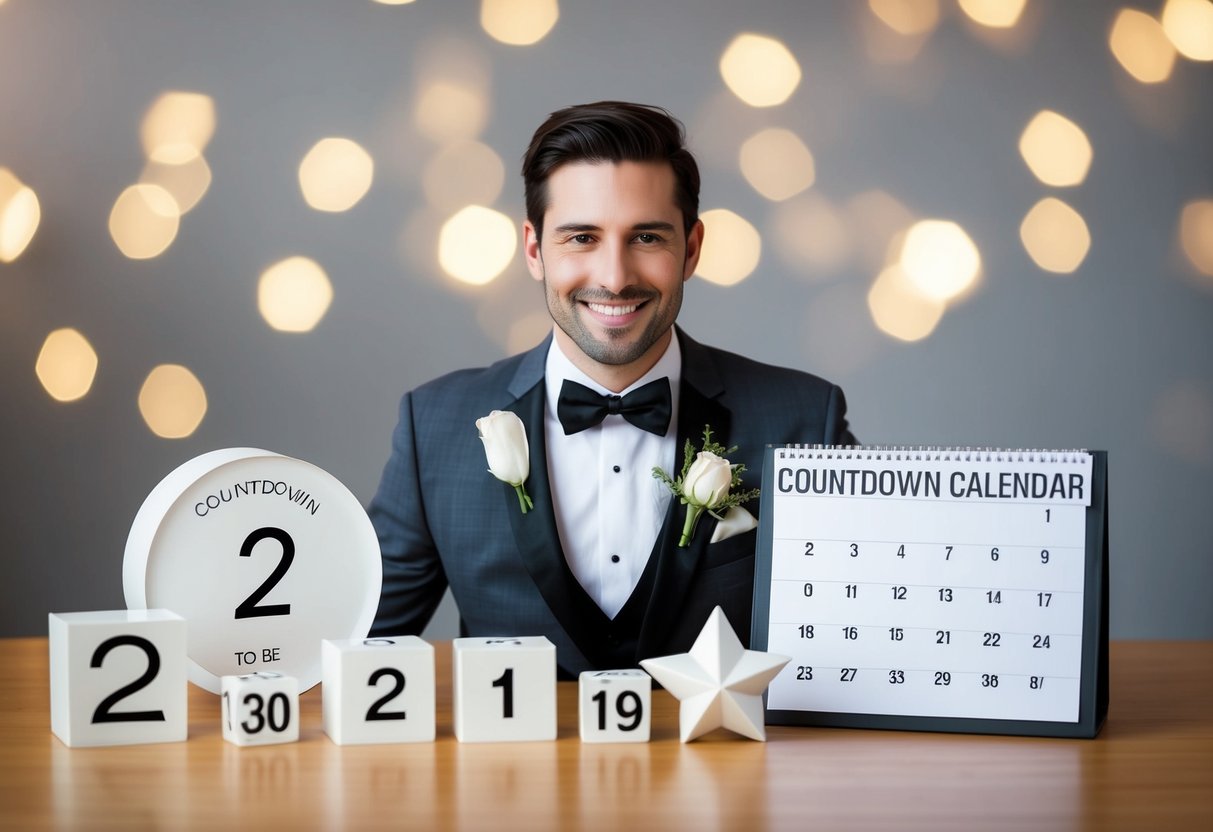 A groom-to-be surrounded by wedding symbols and a countdown calendar
