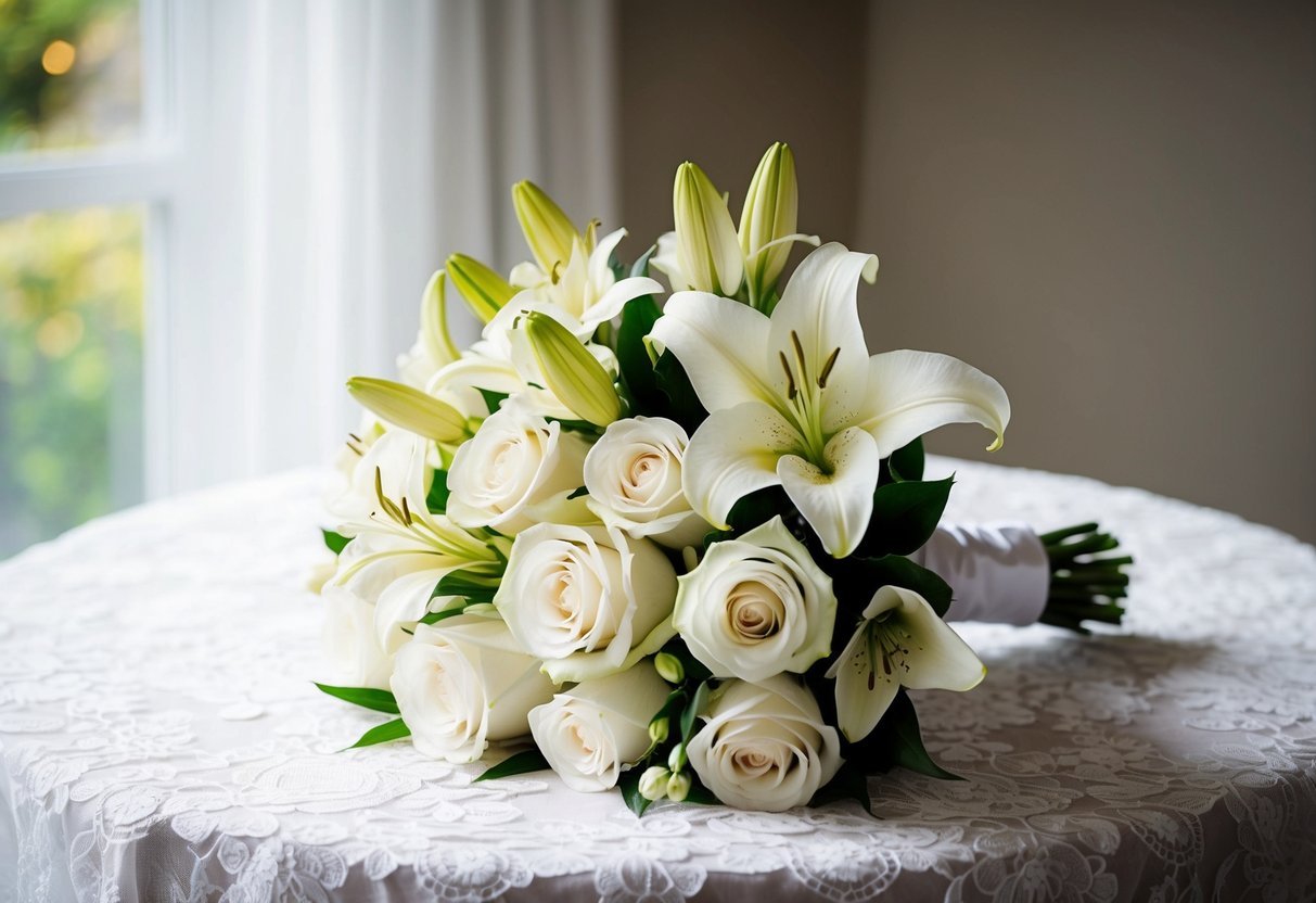 A bride's bouquet of white roses and lilies sits on a lace-covered table