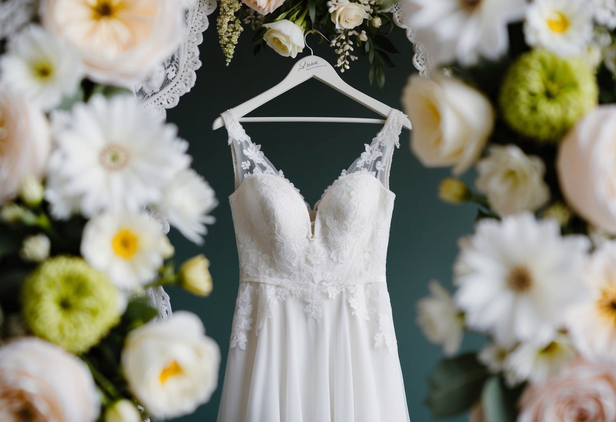 A beautiful white wedding dress hanging on a hanger, surrounded by delicate lace and floral details
