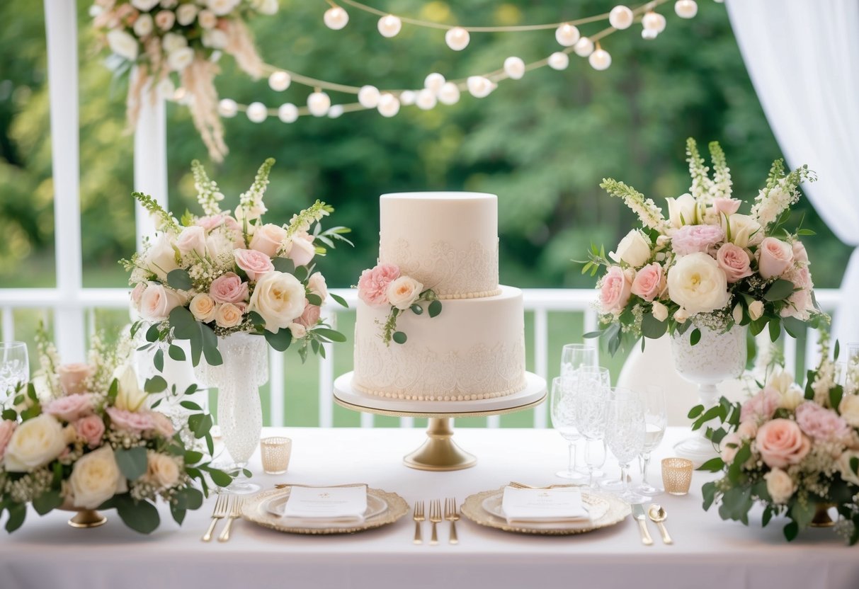 A beautifully decorated bridal shower with floral arrangements, elegant table settings, and a cake adorned with delicate lace and pearls