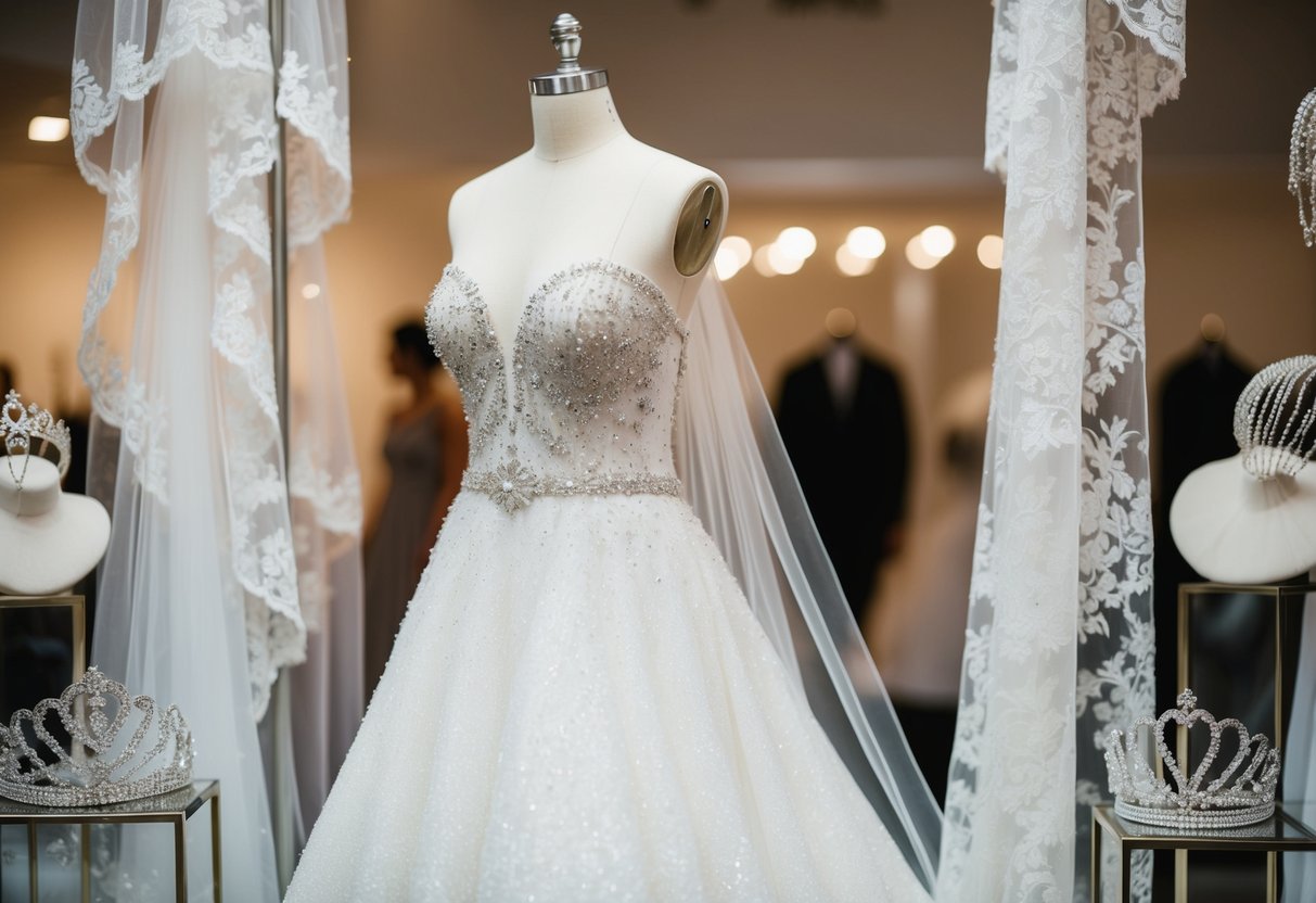 A sparkling white wedding gown draped over a mannequin, surrounded by delicate lace veils and shimmering tiaras on display