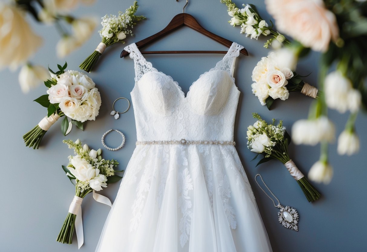 A white lace bridal gown hanging on a vintage wooden hanger, surrounded by delicate floral bouquets and sparkling jewelry