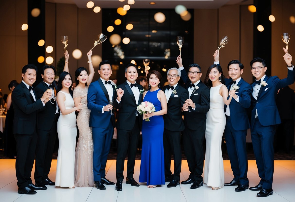 A group of elegantly dressed individuals standing together in celebration