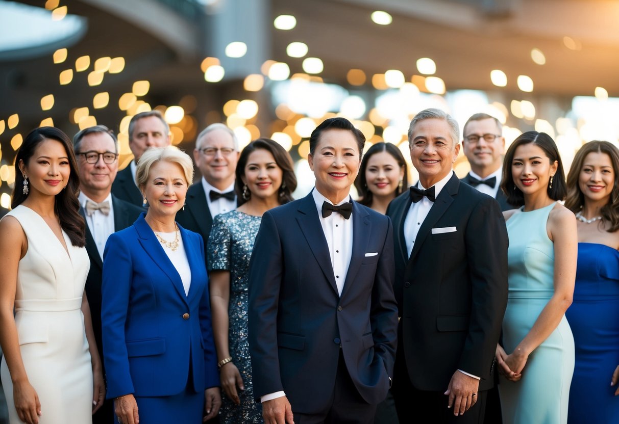 A group of elegantly dressed individuals standing together, with the focus on the central figures