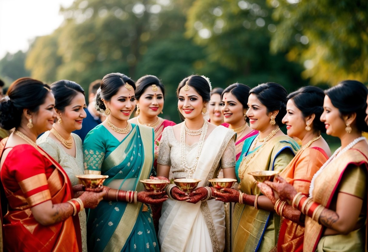 A group of women in elegant attire gather for pre-wedding rituals and celebrations