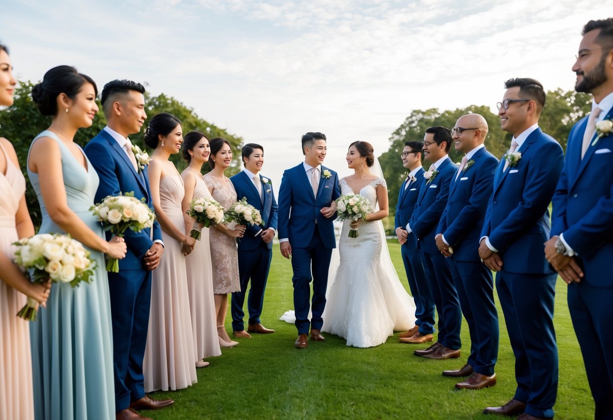 A group of elegantly dressed individuals standing in a line, with the bride and groom at the center, surrounded by their attendants