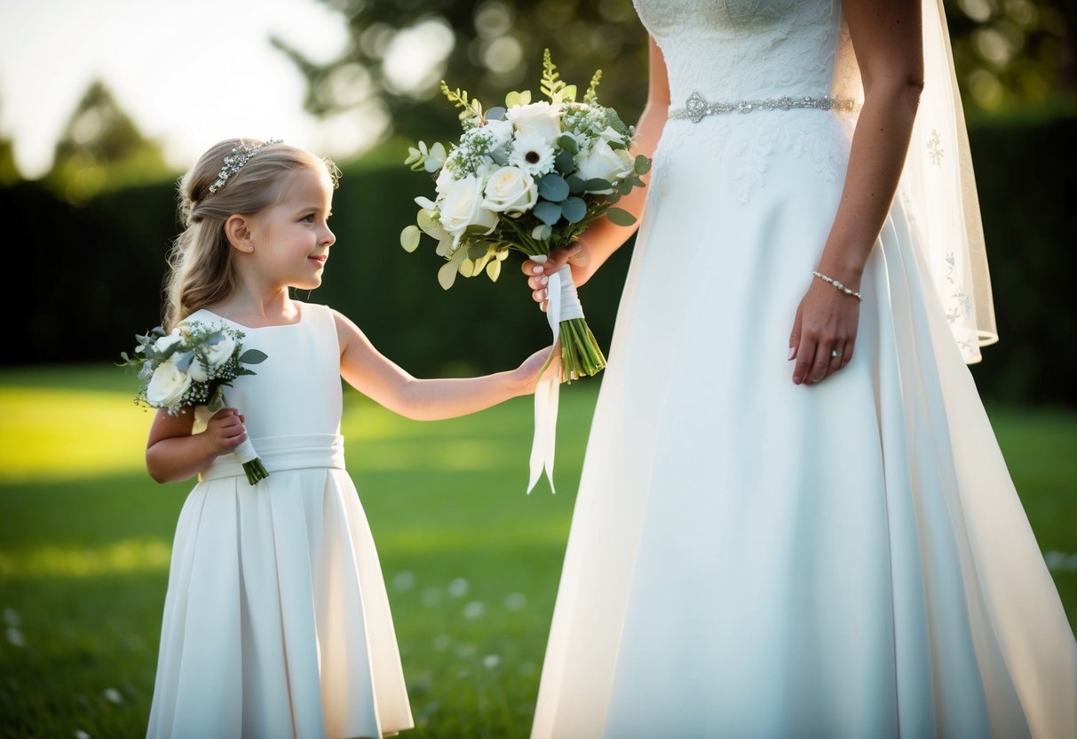 A small girl in a white dress, holding a bouquet, stands next to a larger bride, mimicking her pose
