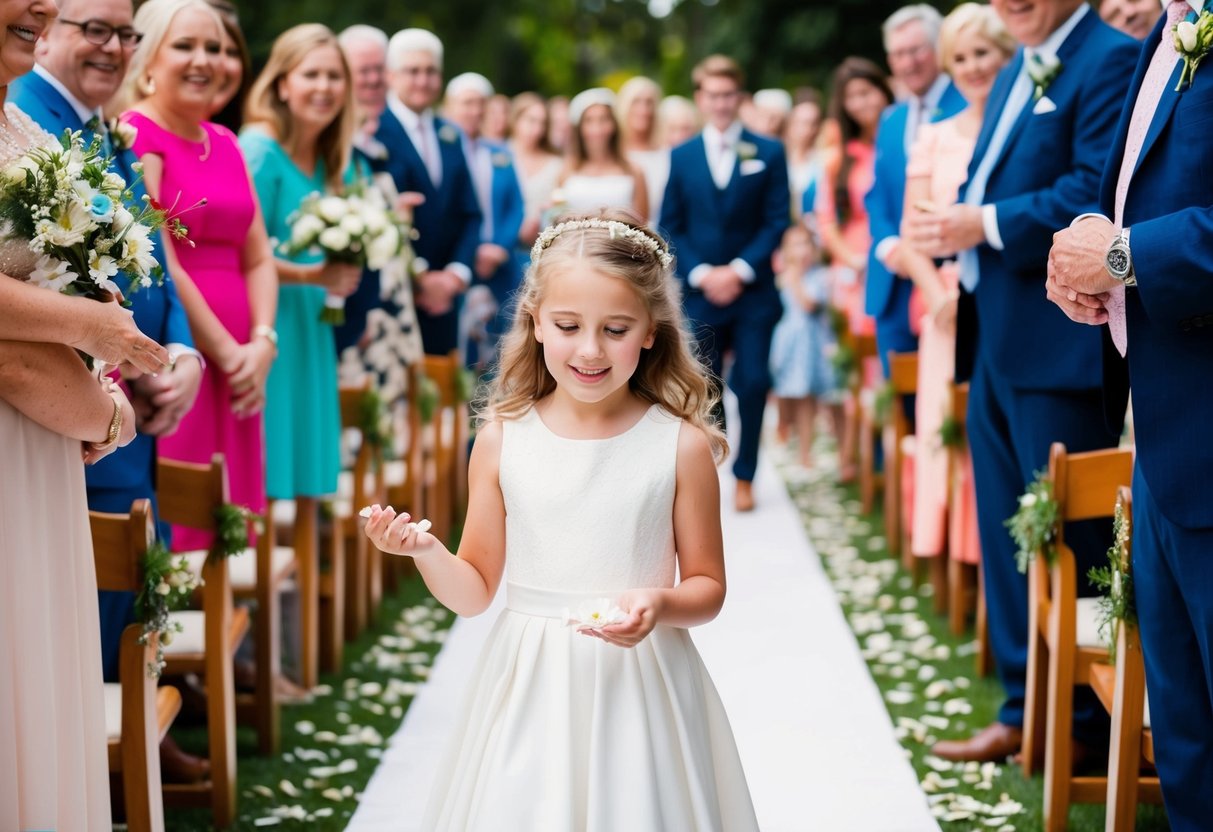 A young girl in a white dress walks down the aisle, scattering flower petals. She is surrounded by the joyful faces of wedding guests
