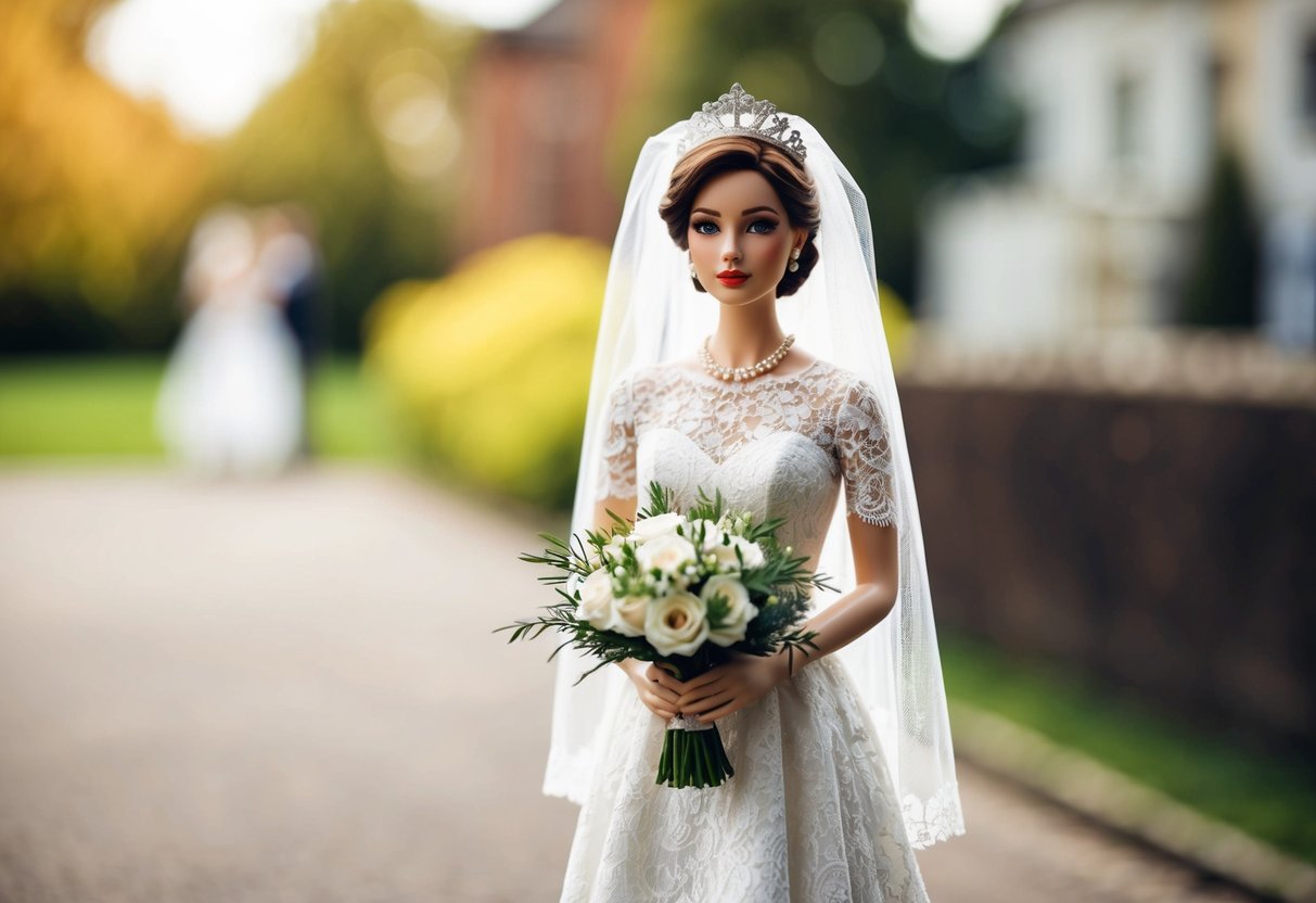 A mini bride in a white lace dress, holding a bouquet, with a tiara and veil