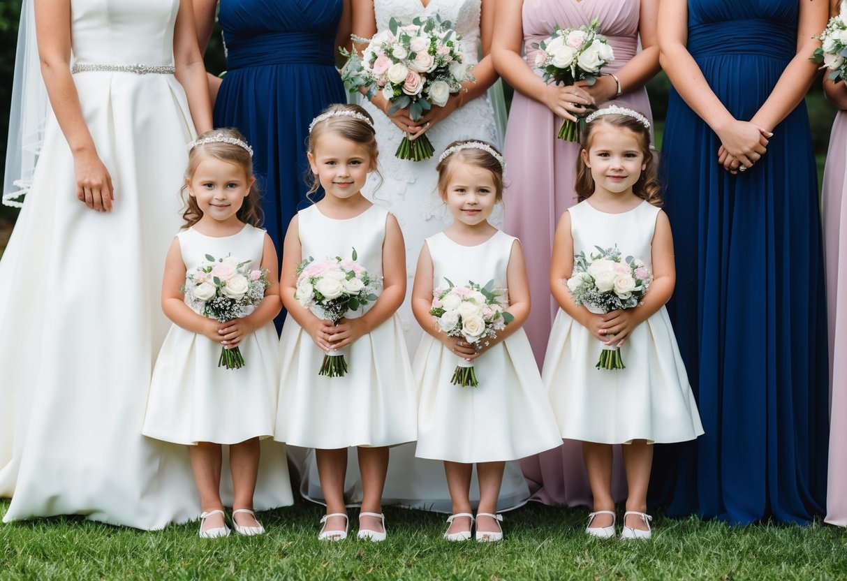 A group of young girls in matching dresses, holding bouquets, stand beside the bride and bridesmaids. The girls are smaller in size, indicating they are mini brides