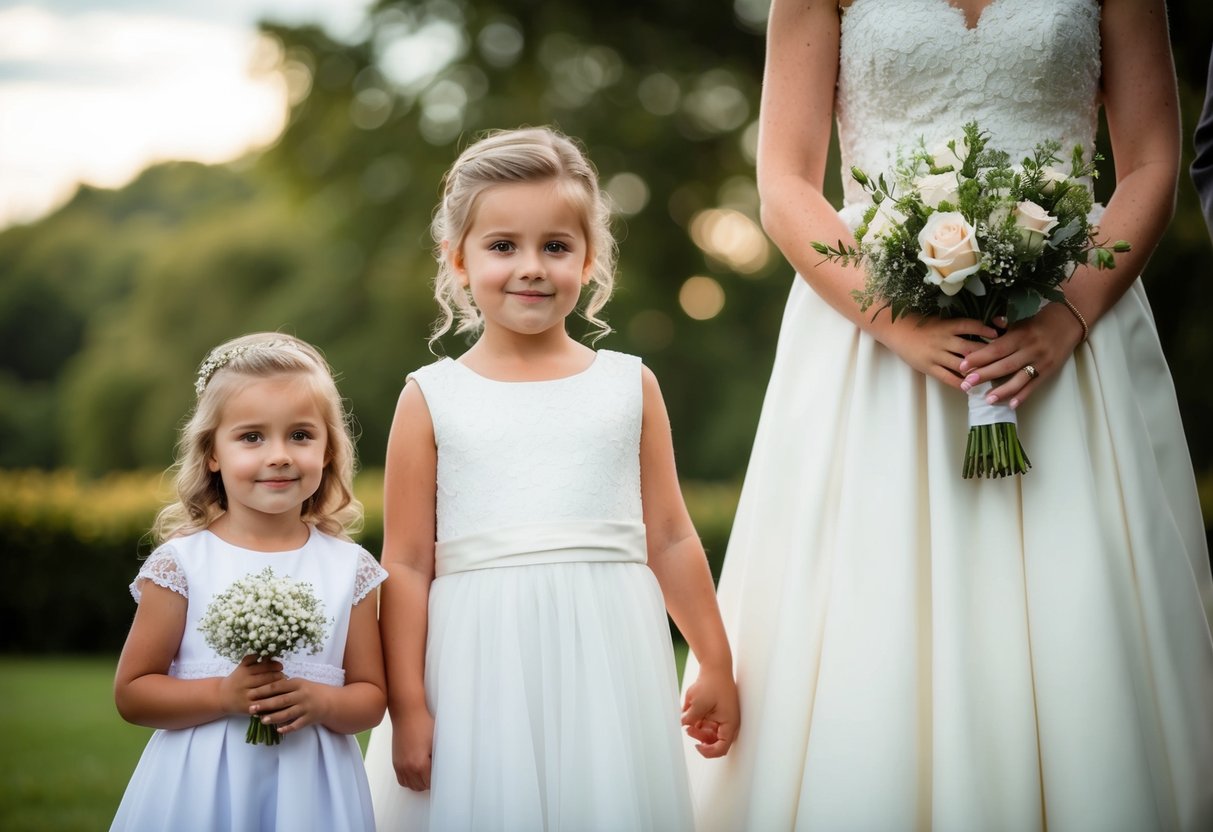 A young girl in a white dress, holding a small bouquet, stands next to a bride in a traditional wedding setting