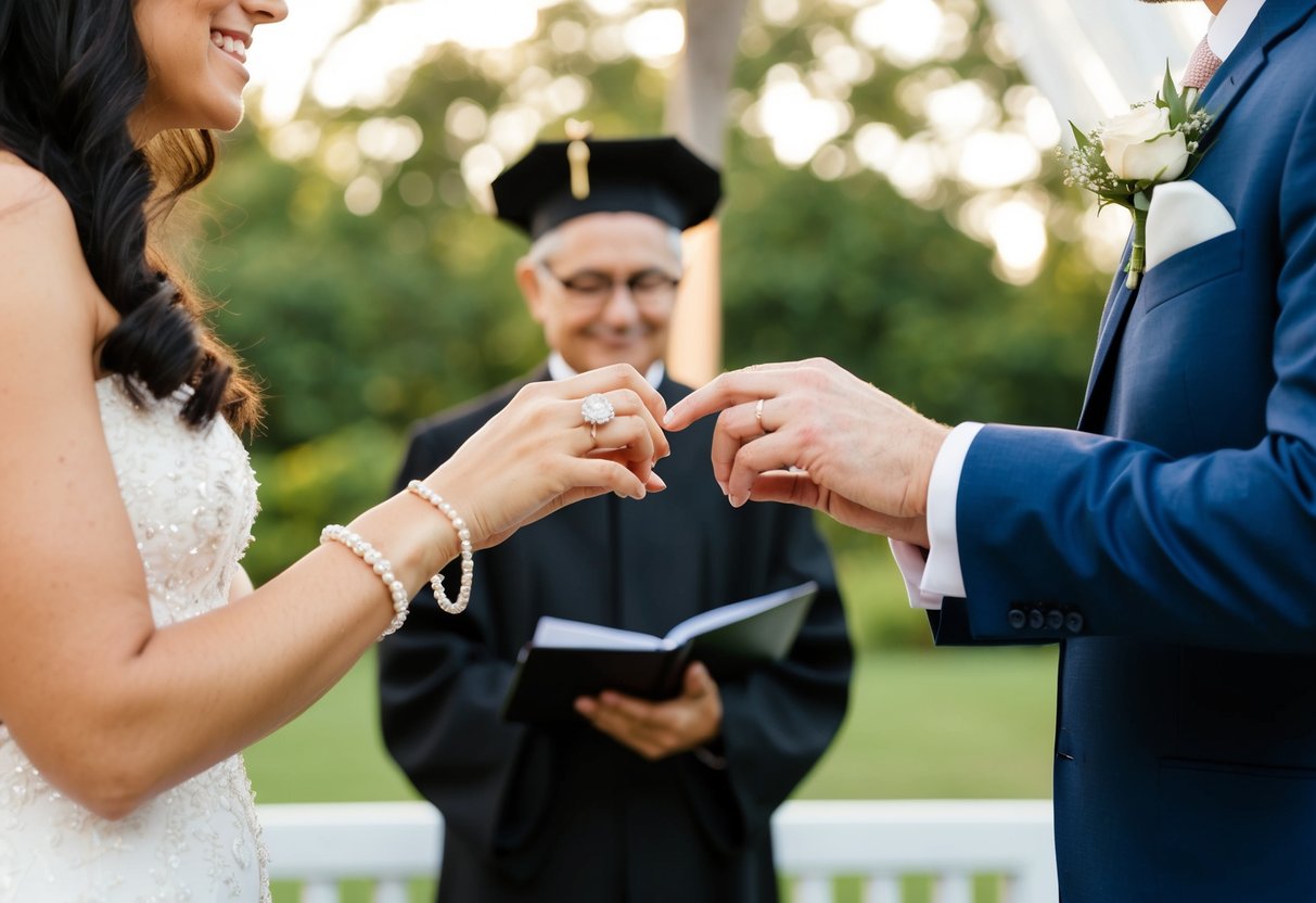 A couple exchanging rings in front of an officiant