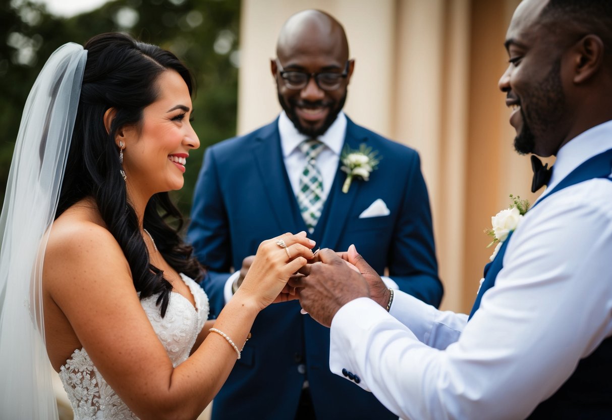 A couple exchanging rings in front of a celebrant
