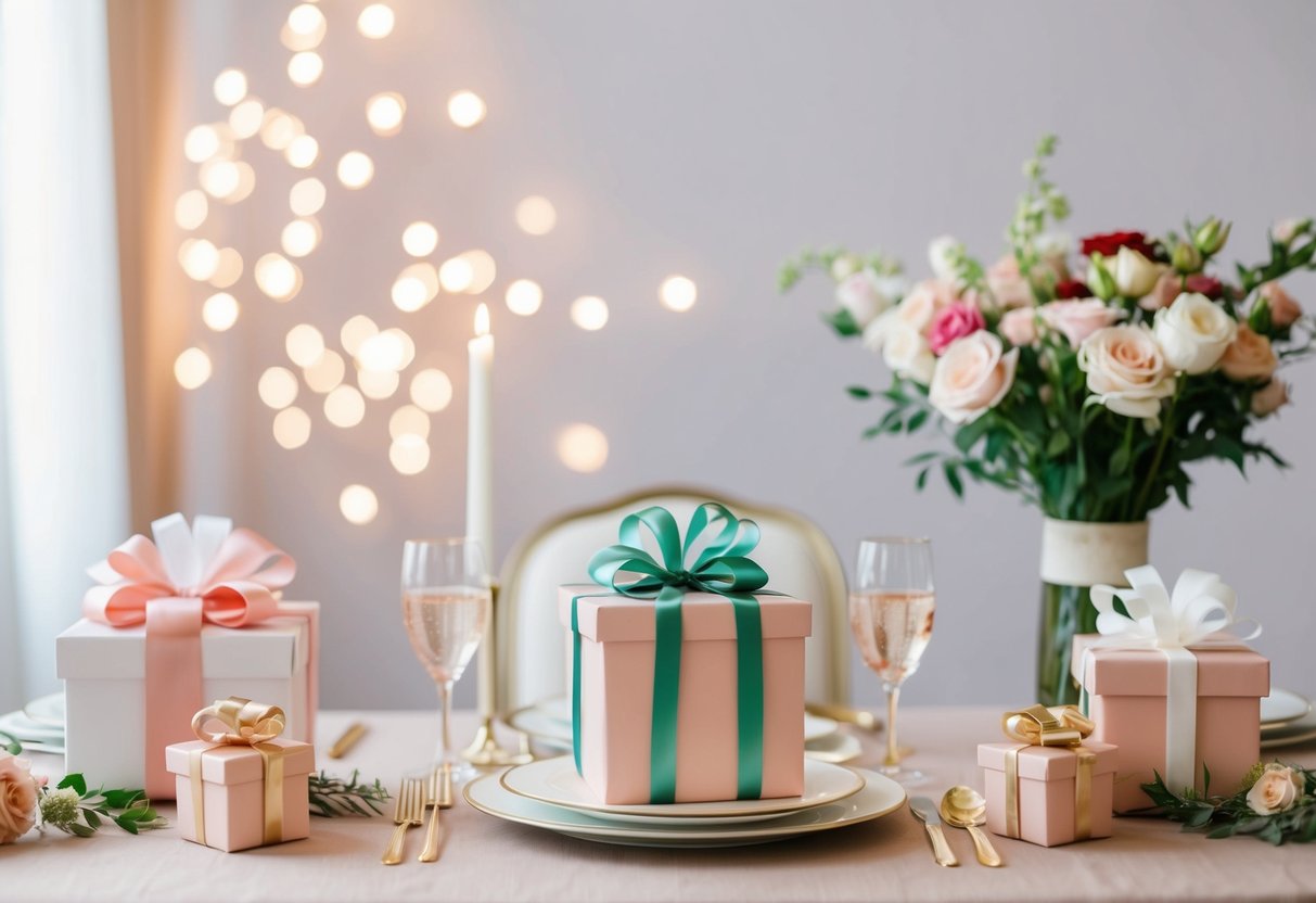 A table set with elegant gifts and floral decorations for a bridal shower