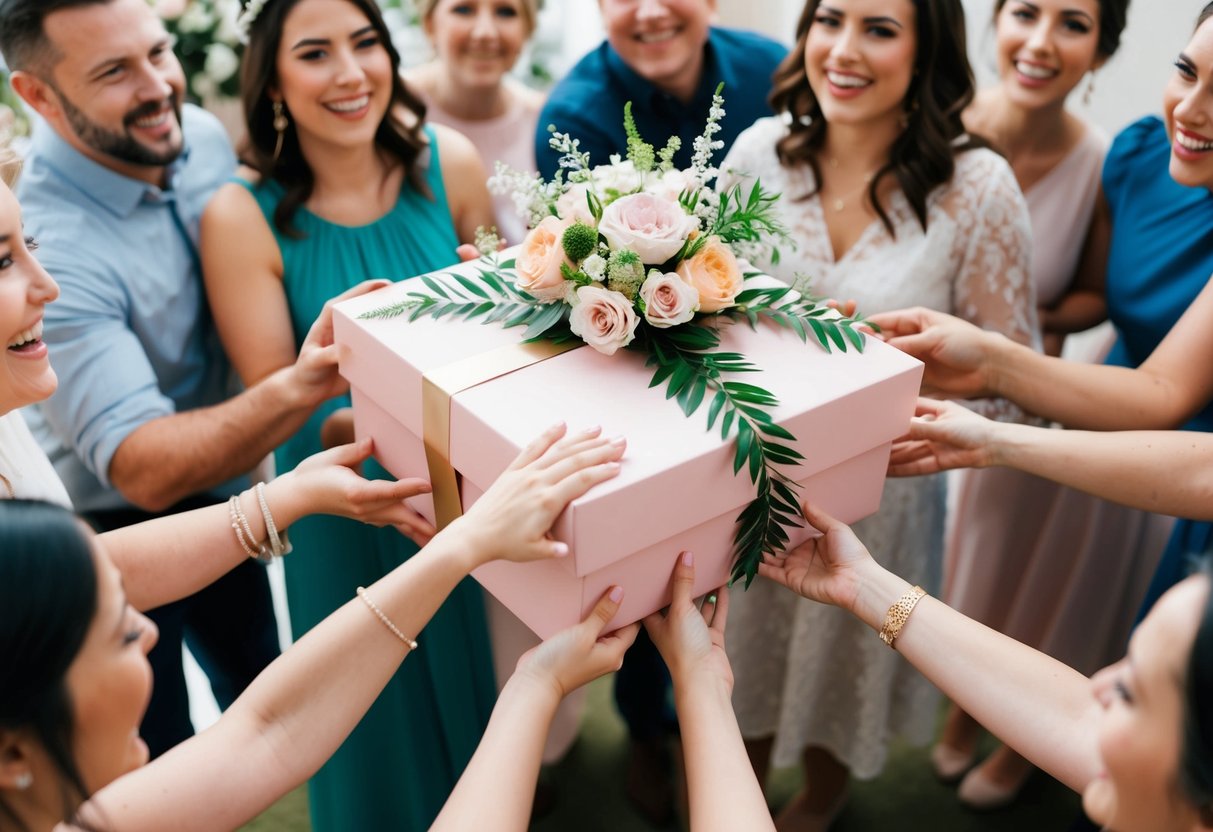 A beautifully wrapped gift box surrounded by delicate floral decorations and surrounded by excited guests at a bridal shower