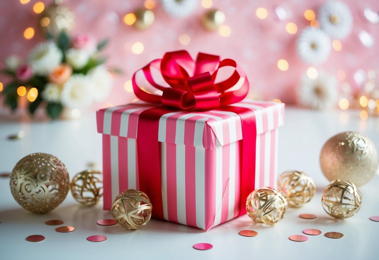 A beautifully wrapped gift box surrounded by elegant bridal shower decorations