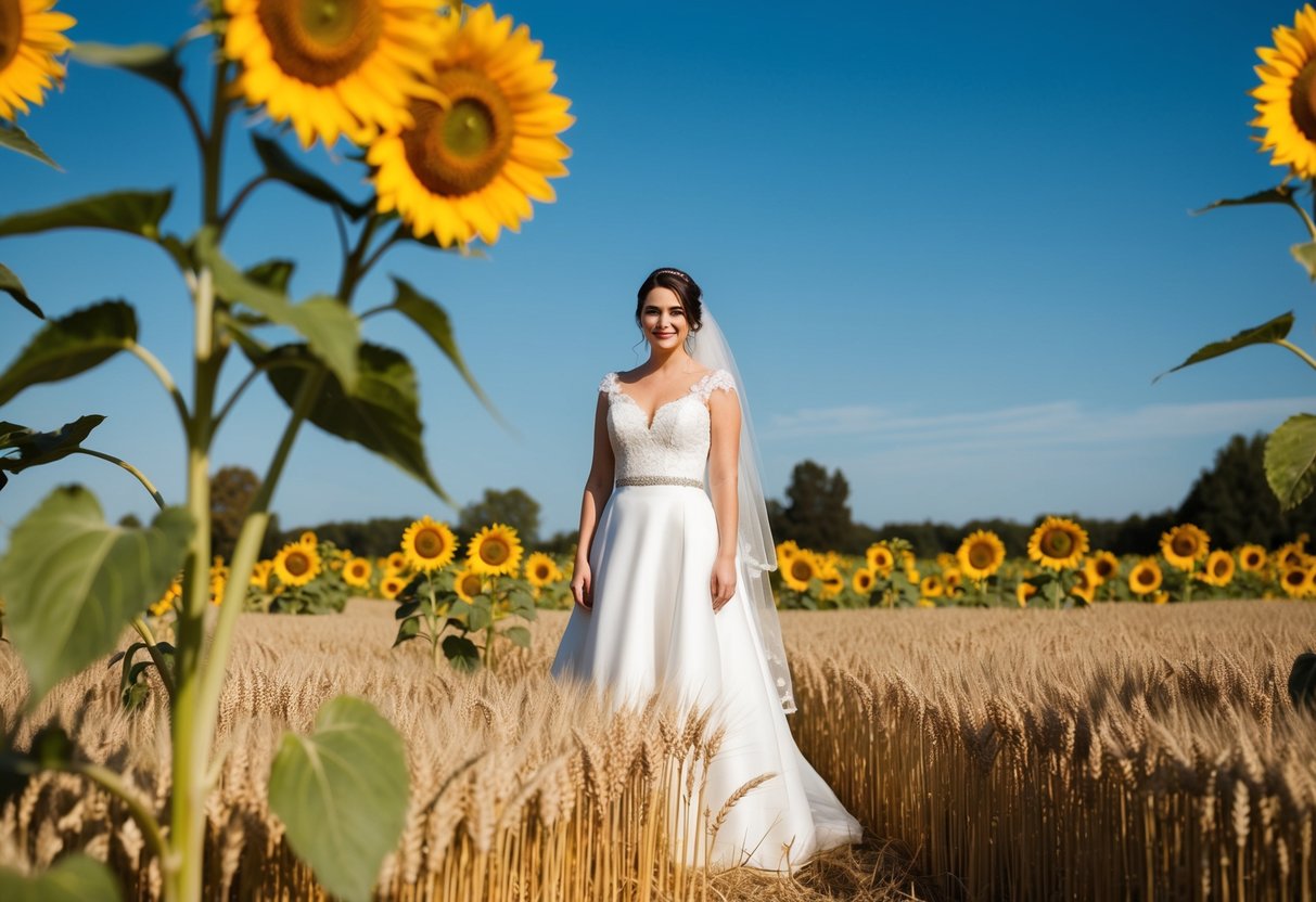 A September bride standing in a field of golden wheat, surrounded by blooming sunflowers and a clear blue sky