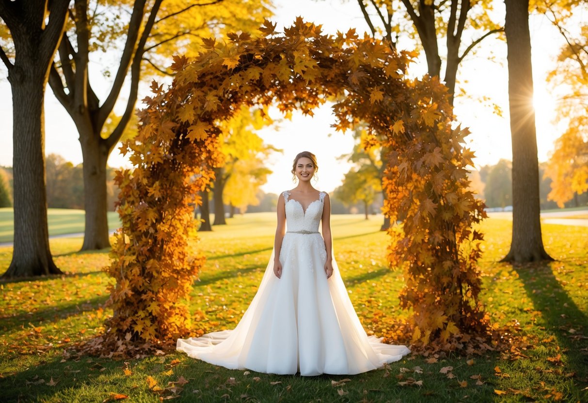 A September bride standing under an arch of autumn leaves, surrounded by warm golden sunlight filtering through the trees