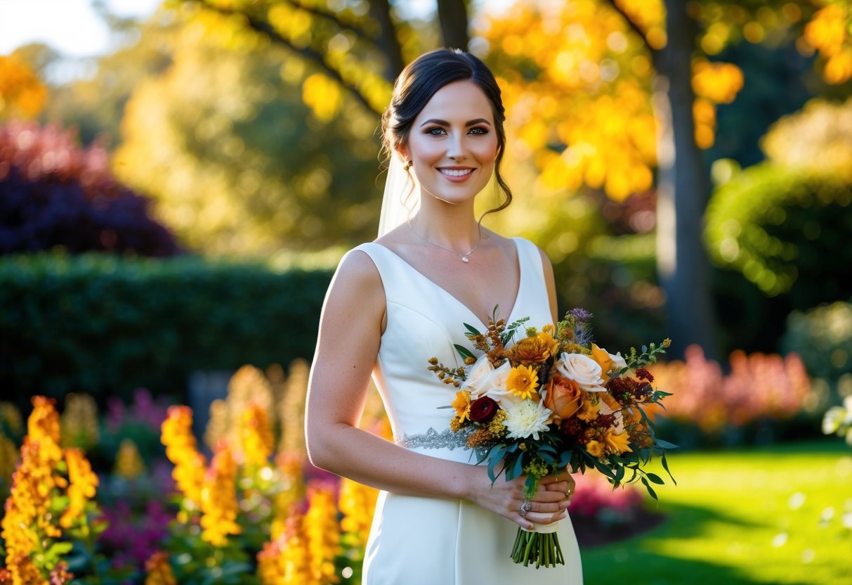 A September bride holding a bouquet in a garden with autumn flowers and warm sunlight filtering through the trees