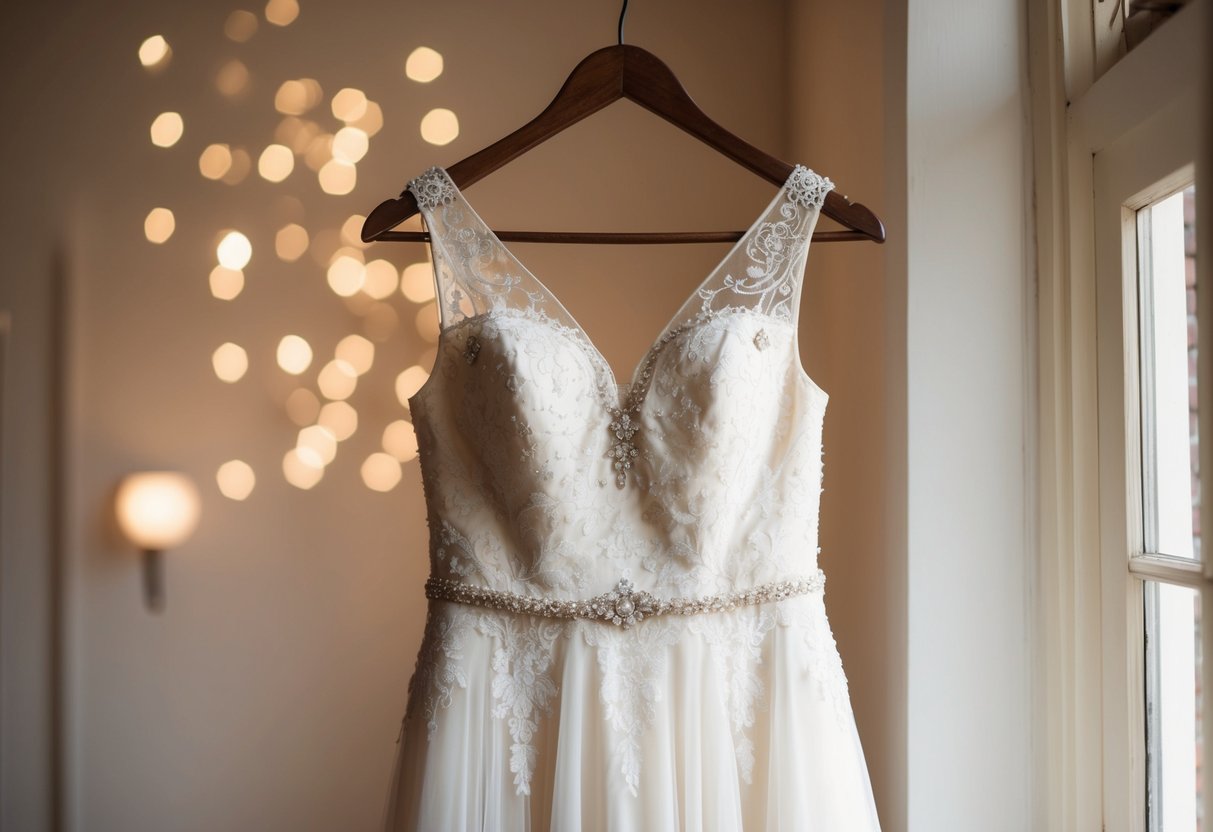 An off-white wedding dress hangs on a vintage wooden hanger, adorned with delicate lace and intricate beading, illuminated by soft natural light