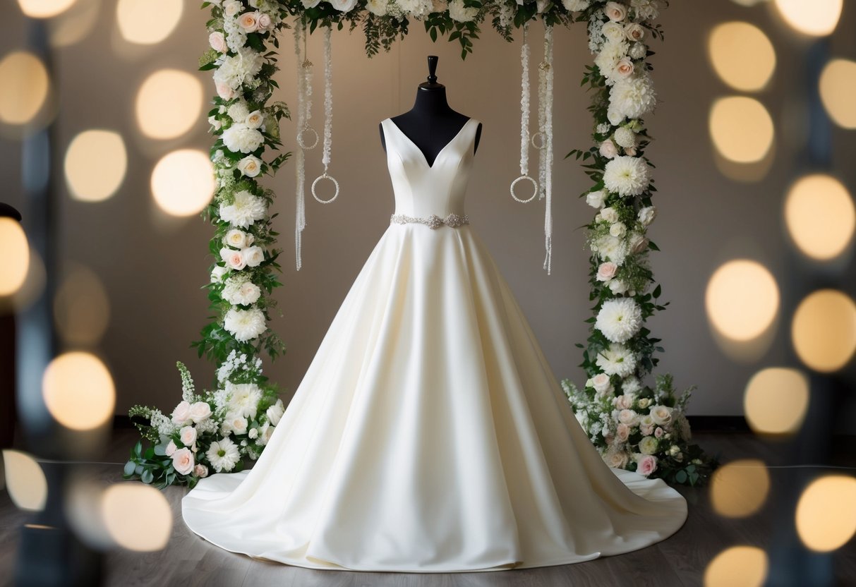 An off-white wedding dress displayed on a mannequin, surrounded by traditional wedding symbols like flowers and rings