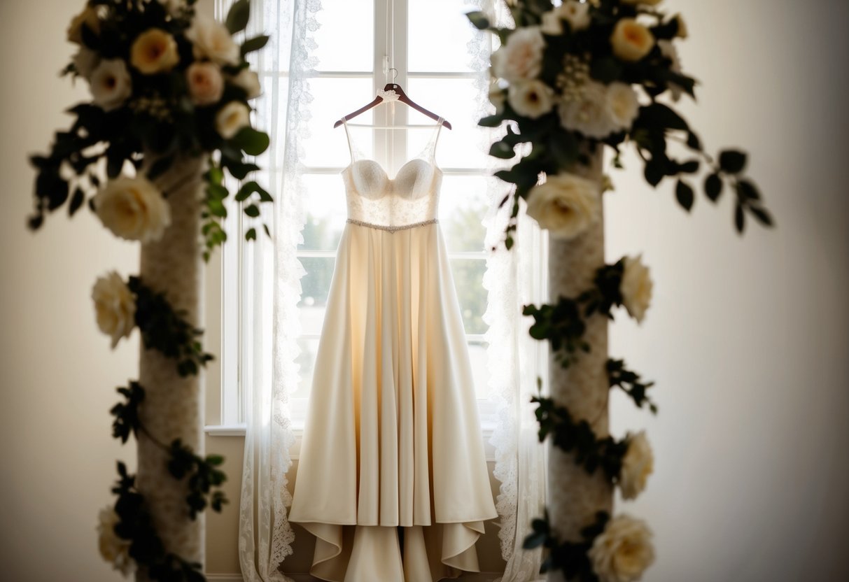An off-white wedding dress hangs on a vintage mannequin, surrounded by delicate lace and floral accents. Soft natural light filters through the window, casting a warm glow over the elegant gown