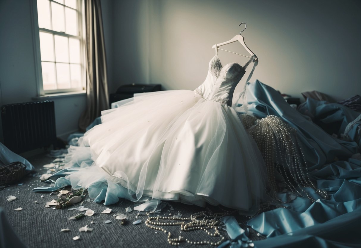 A wedding dress tossed aside in a cluttered room, surrounded by torn fabric and scattered beads