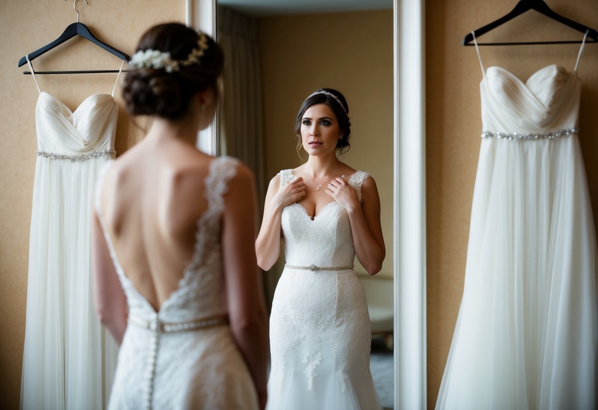 A woman stands in front of a mirror, frowning at her reflection in a wedding dress. She looks unsure and hesitant, surrounded by other dresses on hangers