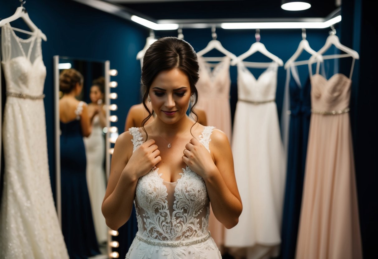 A woman frowning while trying on a wedding dress in a dimly lit boutique with a mirror and various dresses in the background