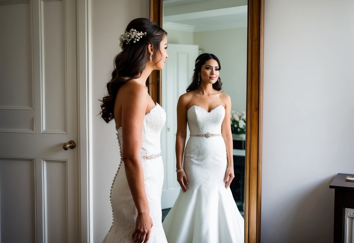 A woman standing in front of a full-length mirror, looking uncertain as she examines herself in a wedding dress