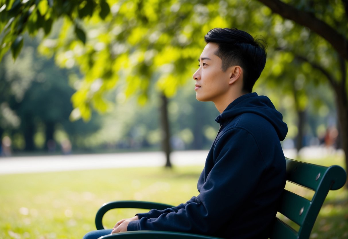 A person sitting alone on a park bench, staring off into the distance with a contemplative expression. The surroundings are peaceful and serene, with a gentle breeze rustling the leaves