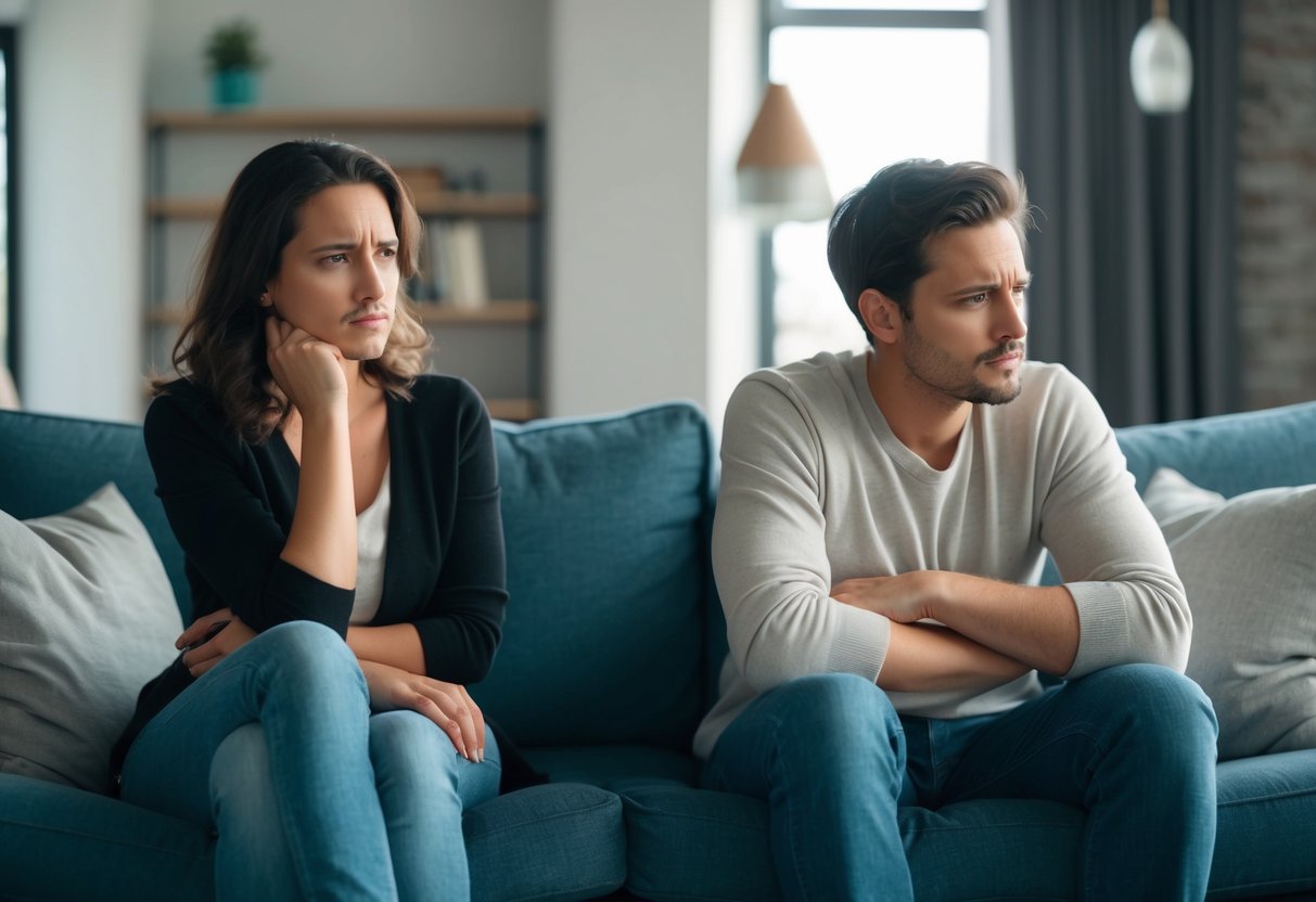 A couple sitting on opposite ends of a couch, avoiding eye contact, with tense body language and a visible emotional distance between them