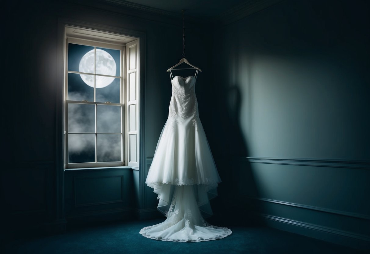 A wedding dress hanging in a dimly lit room, with moonlight casting eerie shadows, creating an ominous atmosphere