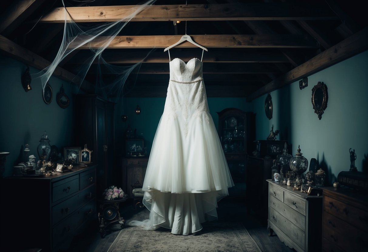 A wedding dress hangs on a hanger in a dimly lit attic, surrounded by old trinkets and cobwebs, creating an eerie and mysterious atmosphere