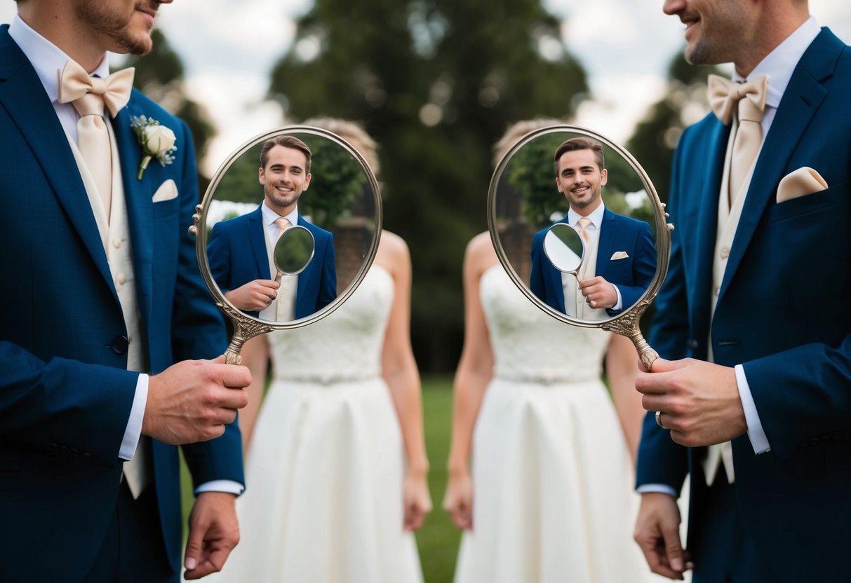 A bride and groom stand back to back, each holding a hand mirror reflecting their own reflection. The bride's wedding dress is visible in the mirror