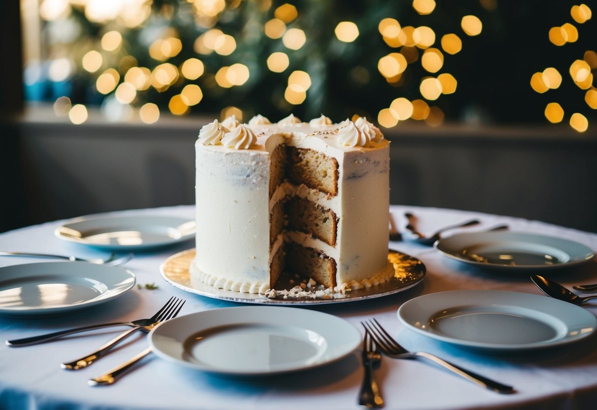 A wedding cake sits partially eaten on a table, surrounded by empty dessert plates and discarded utensils