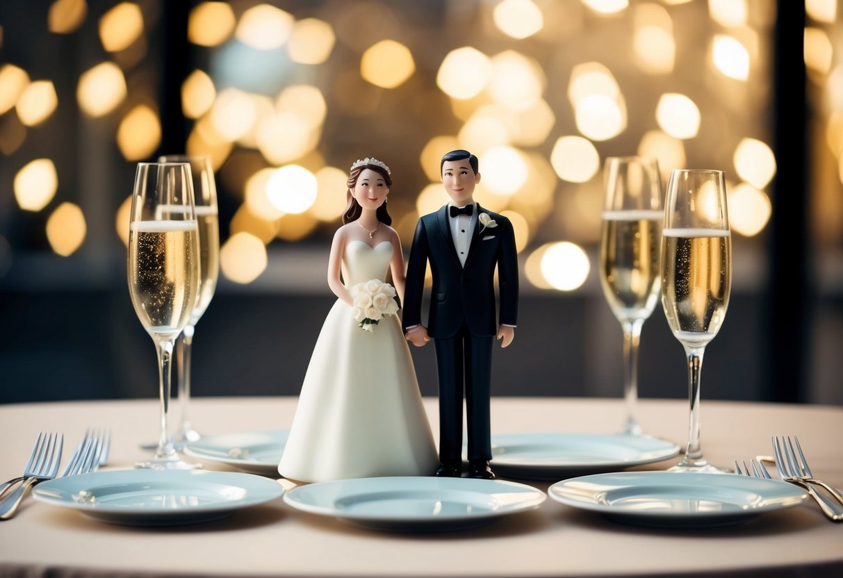 A newlywed couple's wedding cake topper, with the groom figurine noticeably larger than the bride, surrounded by empty dessert plates and champagne glasses