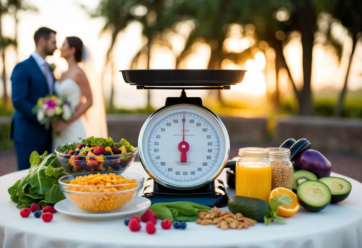 A scale surrounded by healthy food and exercise equipment, with a wedding photo in the background