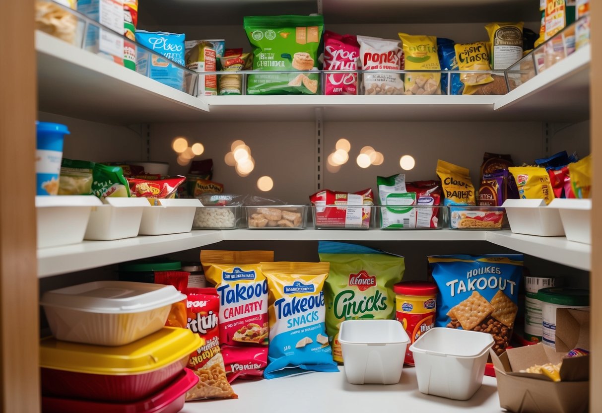 A couple's pantry filled with unhealthy snacks and empty takeout containers