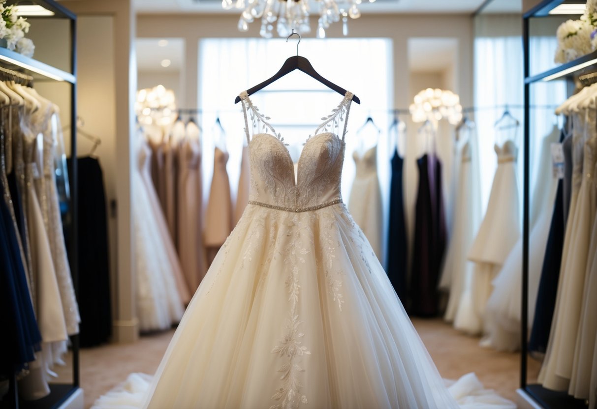 A beautiful wedding dress being purchased at a luxurious boutique