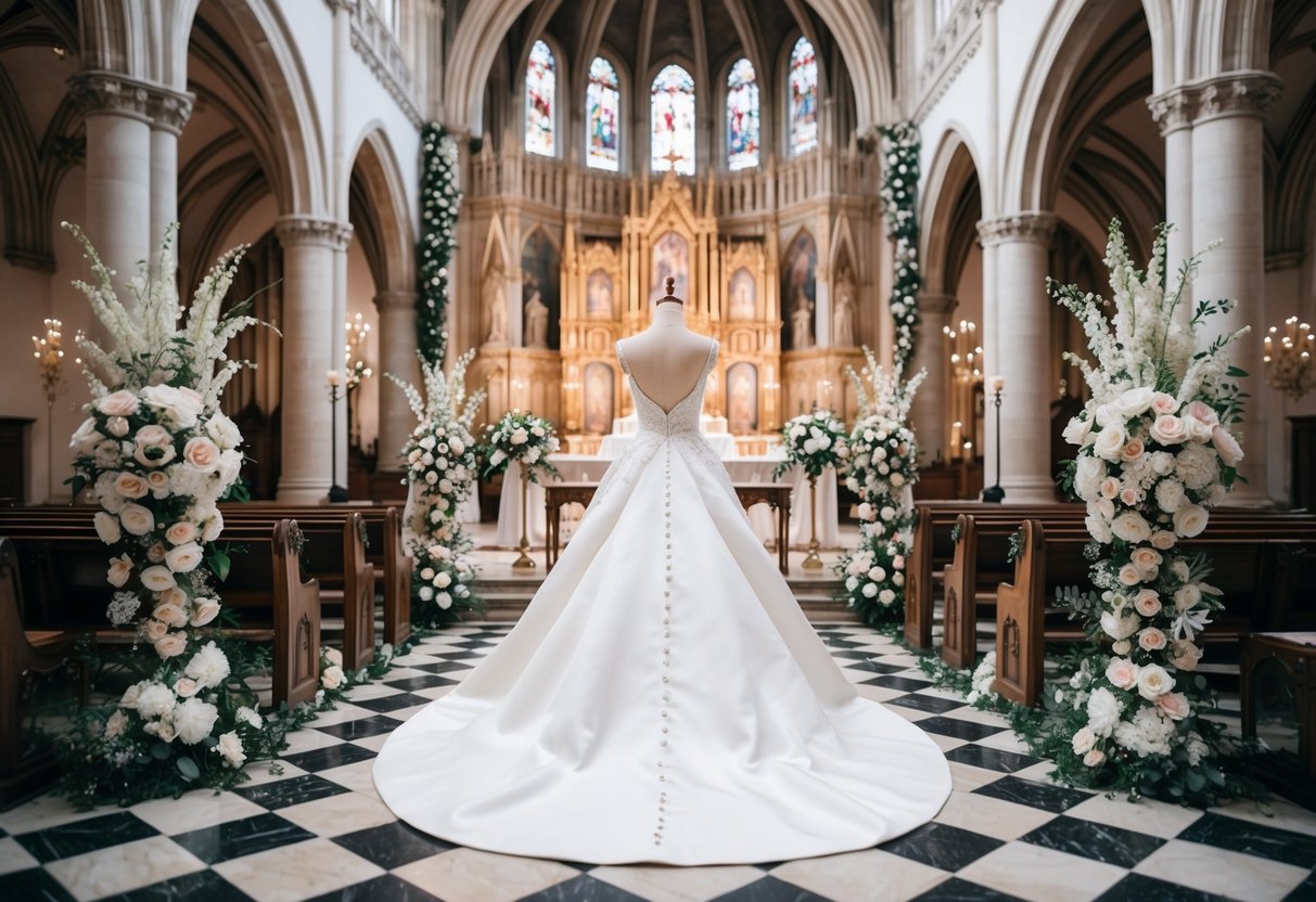 A grand cathedral adorned with flowers and elegant decor, as the bride's stunning wedding dress is displayed on a mannequin