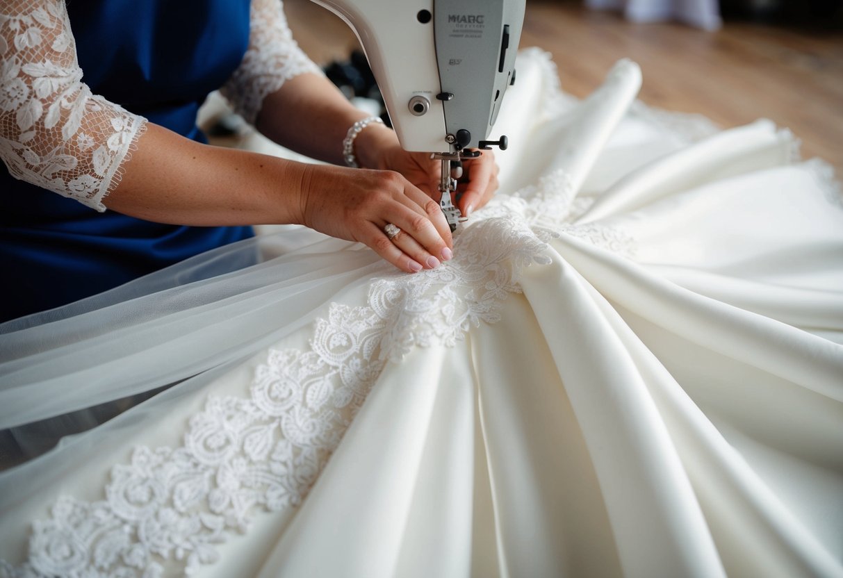 A seamstress meticulously hand-stitches intricate lace onto a flowing wedding gown, showcasing the attention to detail and craftsmanship of Kate Middleton's dress