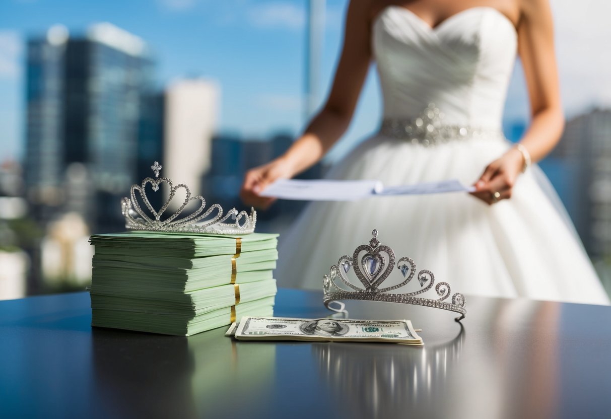 A wedding dress being purchased with a stack of cash and a tiara on a table