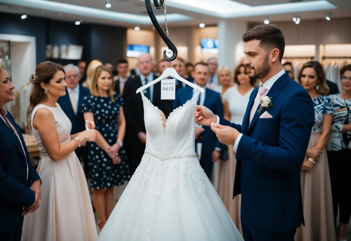 A wedding dress being purchased at a boutique with a price tag and a crowd of onlookers discussing the cost