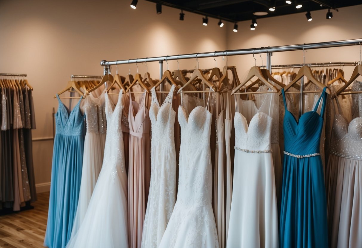 A rack of various wedding dresses displayed in a boutique showroom