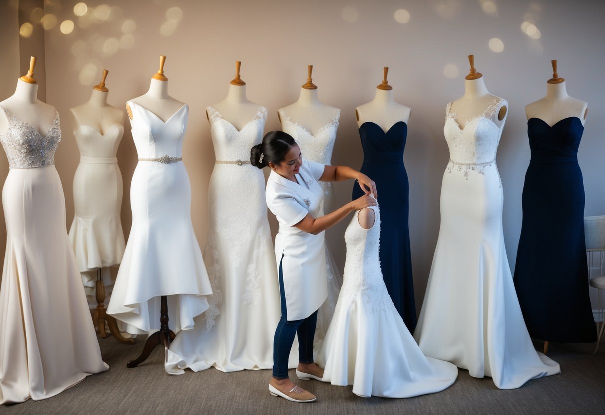 A seamstress placing the finishing touches on multiple wedding dresses, arranging them on mannequins for a final fitting and dress preparation