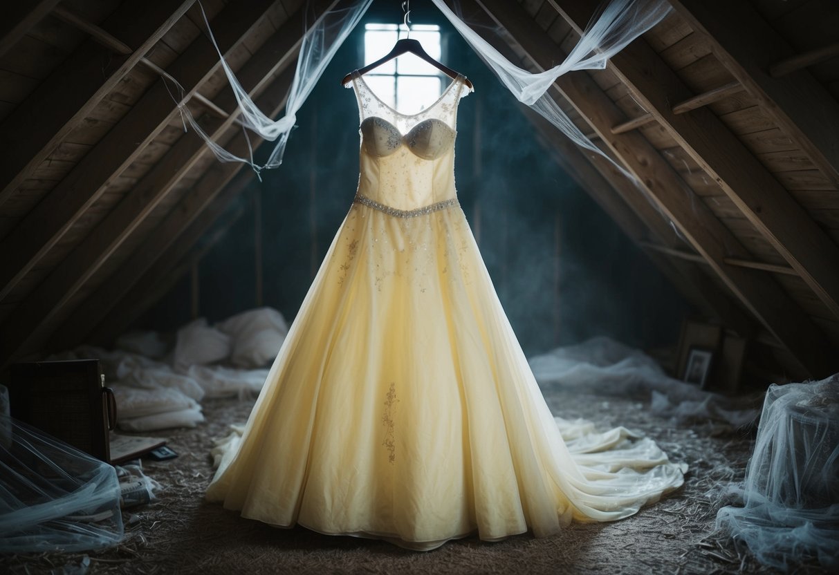 A dusty, yellowed wedding dress hangs in a dimly lit attic, surrounded by cobwebs and forgotten memories