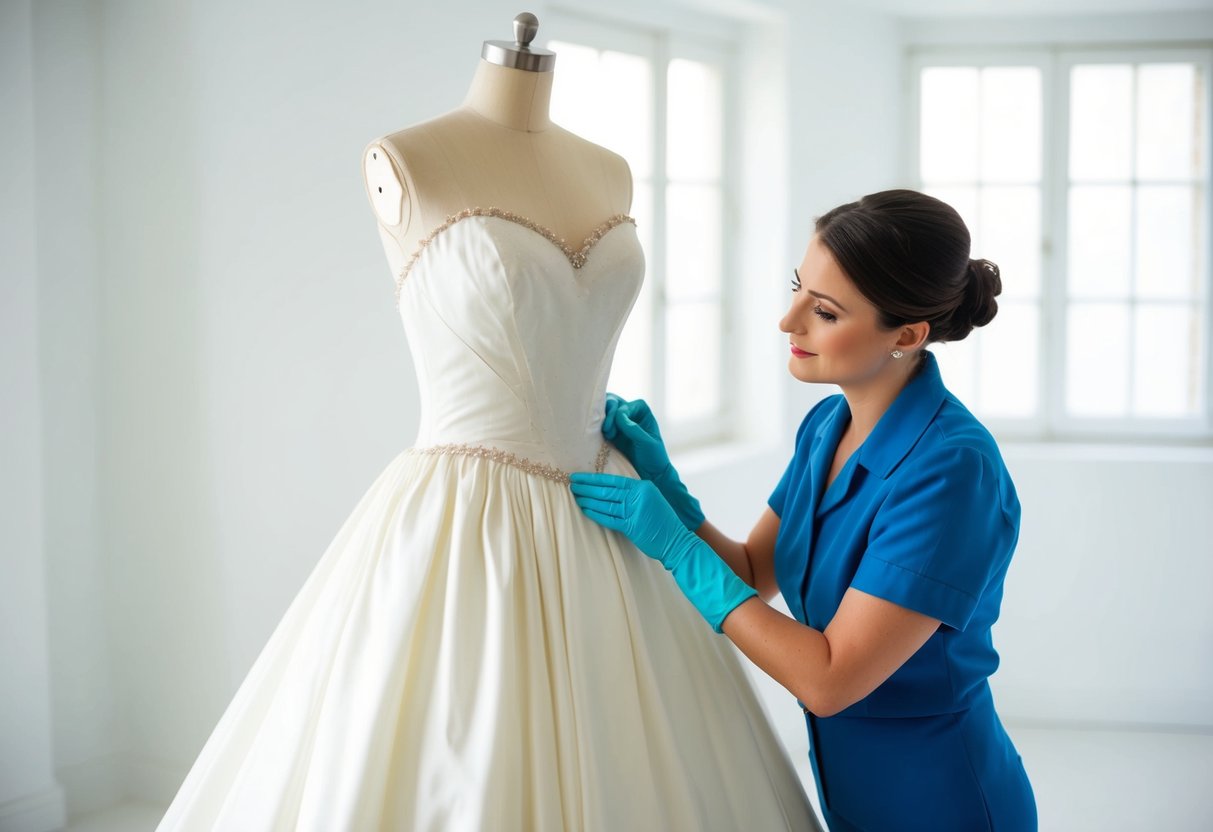 A vintage wedding dress is carefully examined and cleaned by a professional preservationist in a bright, airy studio