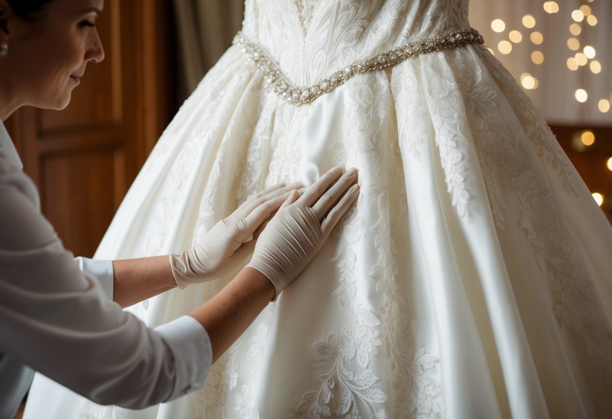 A vintage wedding dress being carefully cleaned and restored by a professional cleaner, with delicate lace and intricate beading being gently handled