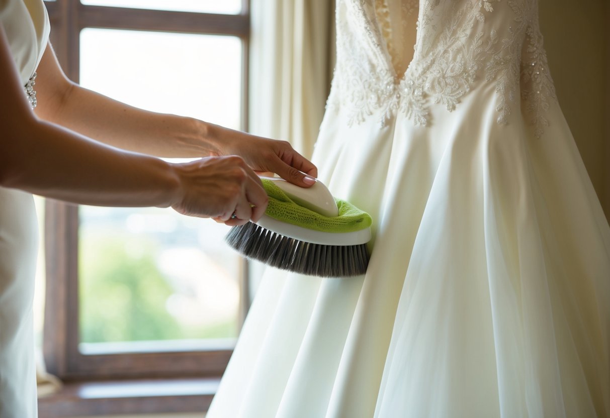 A wedding dress being gently brushed and spot cleaned with a delicate fabric cleaner, then carefully hung up to air out and remove any lingering odors